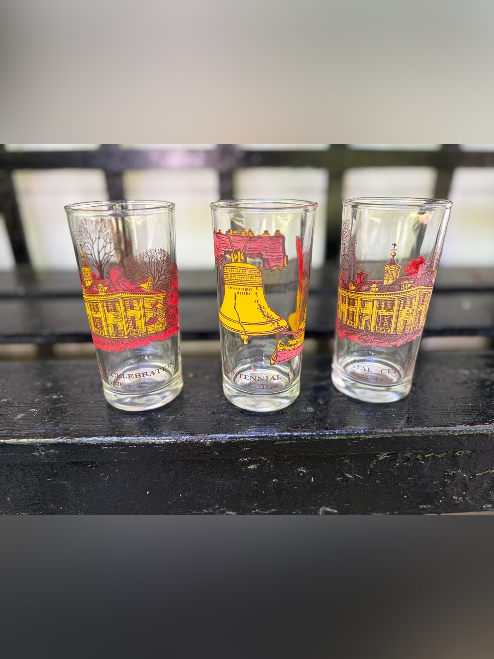 Set of 3 Vintage Commemorative Liberty Bell Shot Glasses - Yellow & Red Graphics